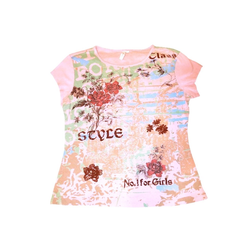 Vintage Y2K Pink‎ Floral Graphic Baby Tee Made in USA Glam Coquette Class Top - Picture 9 of 9